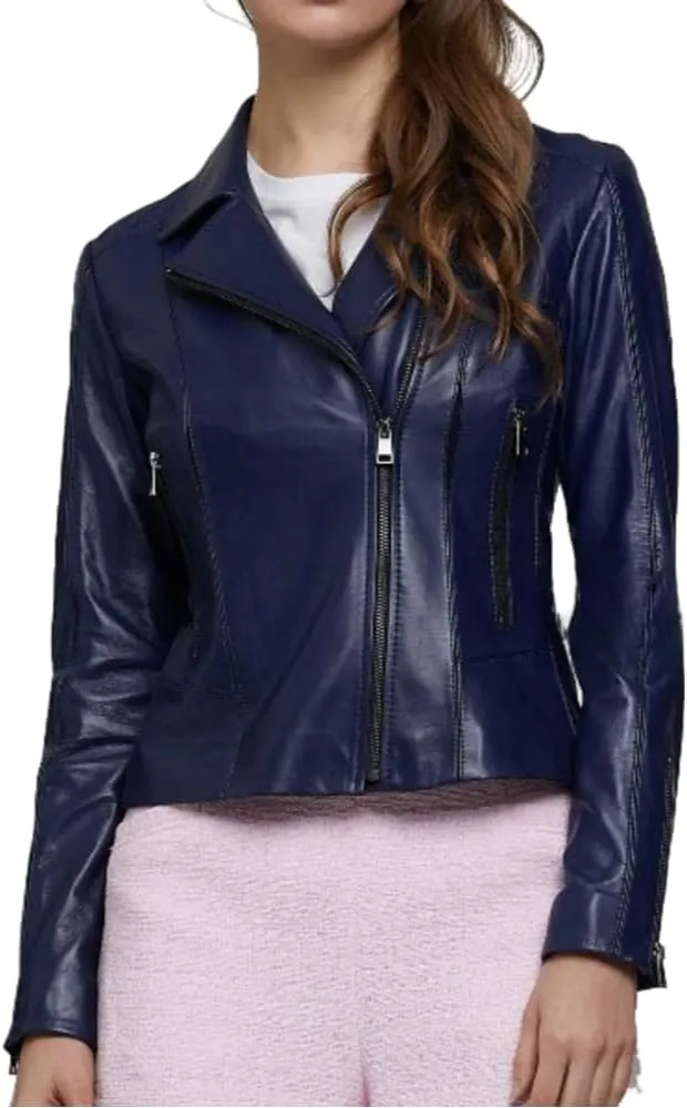 Women's Navy Blue Genuine Real Sheepskin Leather Biker Moto Jacket, Slim Fit