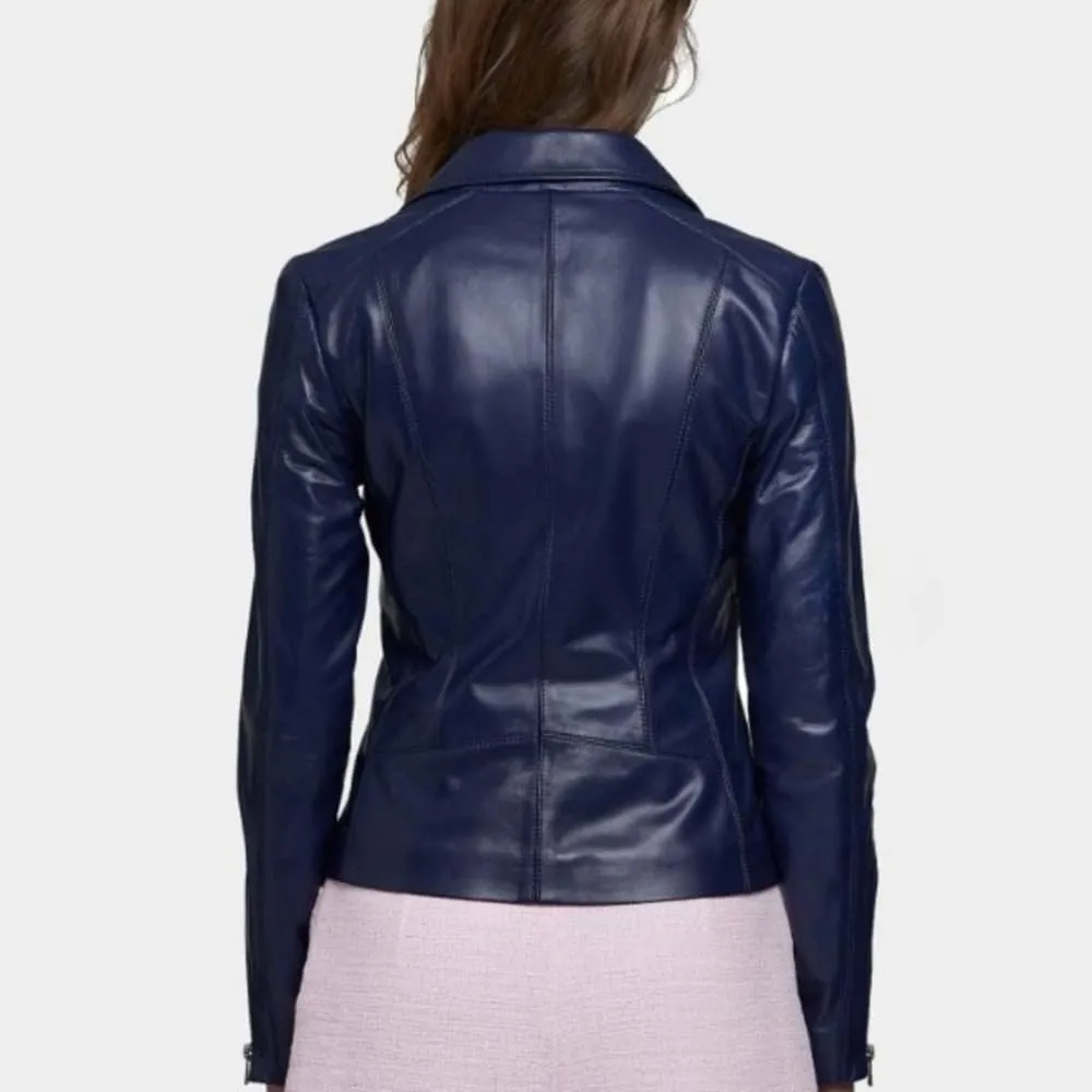 Women's Navy Blue Genuine Real Sheepskin Leather Biker Moto Jacket, Slim Fit