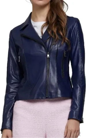 Women's Navy Blue Genuine Real Sheepskin Leather Biker Moto Jacket, Slim Fit
