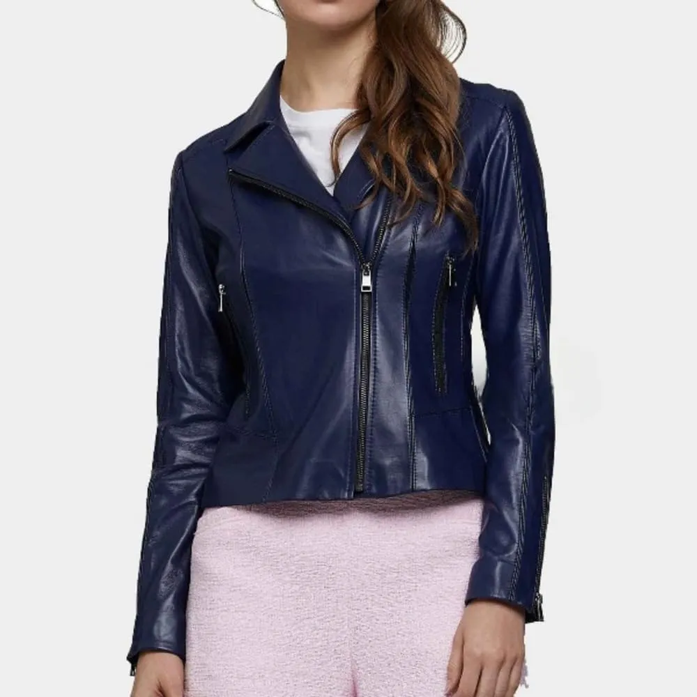 Women's Navy Blue Genuine Real Sheepskin Leather Biker Moto Jacket, Slim Fit