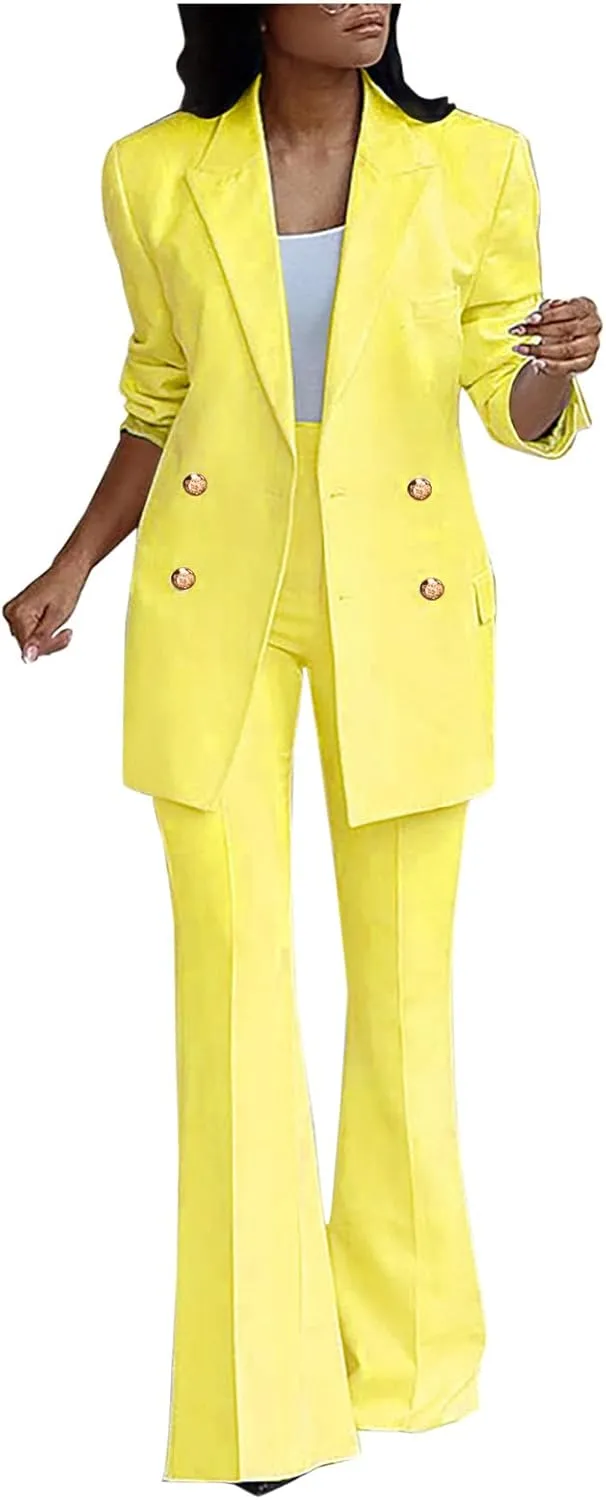 Womens Outfits Dressy Casual 2 Piece Blazer Flare Pantsuit Set Fashion Business Suit Elegant Office Clothes Pant Suits