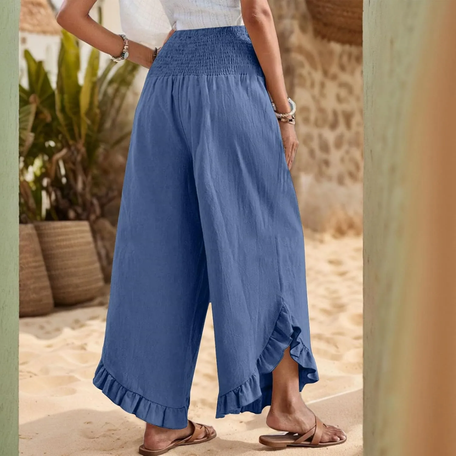 Womens Palazzo Pants Casual Summer Smocked Waisted Linen Pants Trendy Ruffle Hem Wide Leg Trousers Loose Beach Pant
