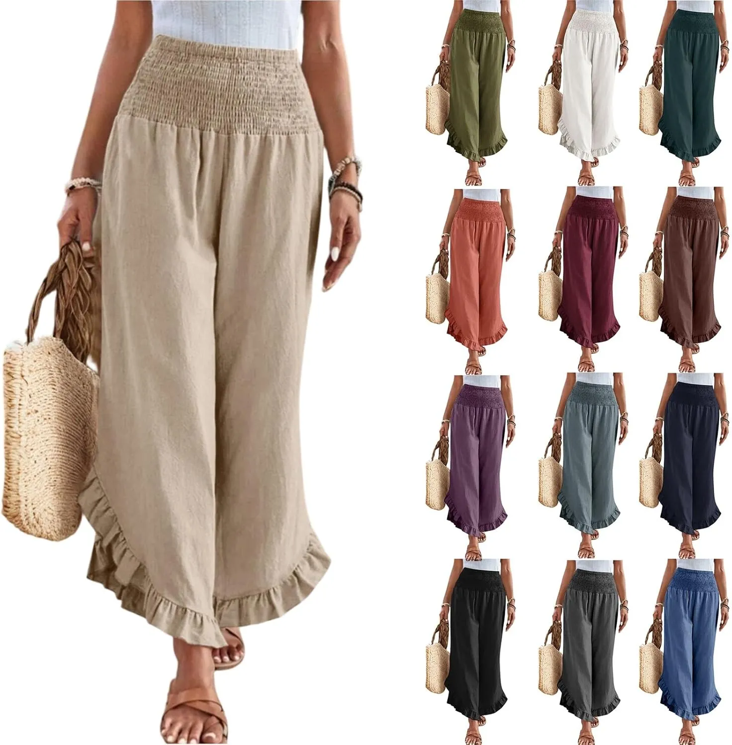 Womens Palazzo Pants Casual Summer Smocked Waisted Linen Pants Trendy Ruffle Hem Wide Leg Trousers Loose Beach Pant