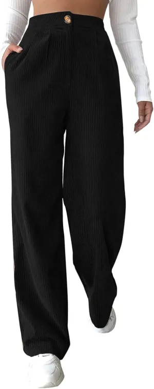 Womens Pants Casual Autumn High Waist Corduroy Straight Leg Relaxed Fit Loose Trousers for Daily Casual Wear