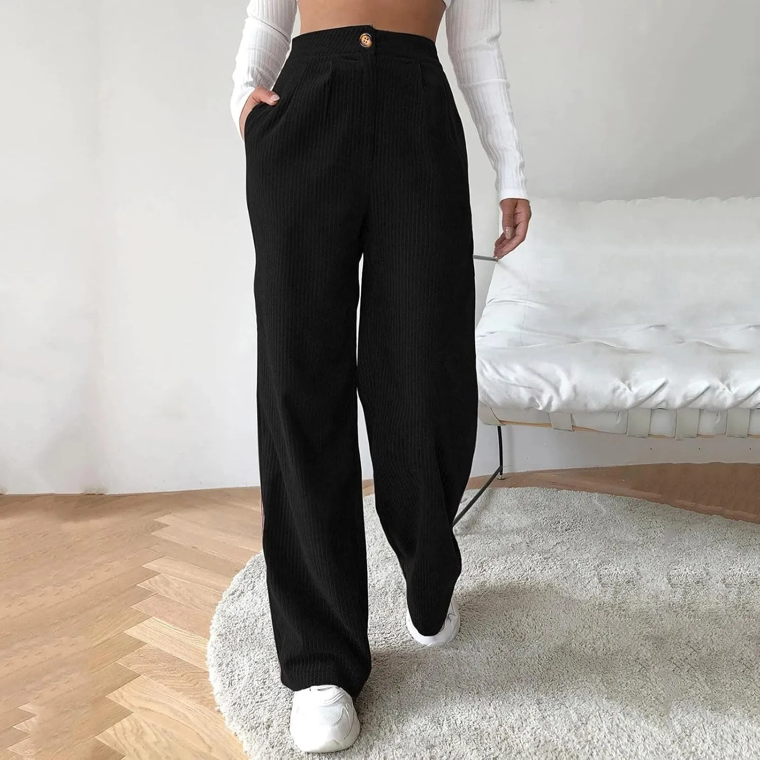 Womens Pants Casual Autumn High Waist Corduroy Straight Leg Relaxed Fit Loose Trousers for Daily Casual Wear