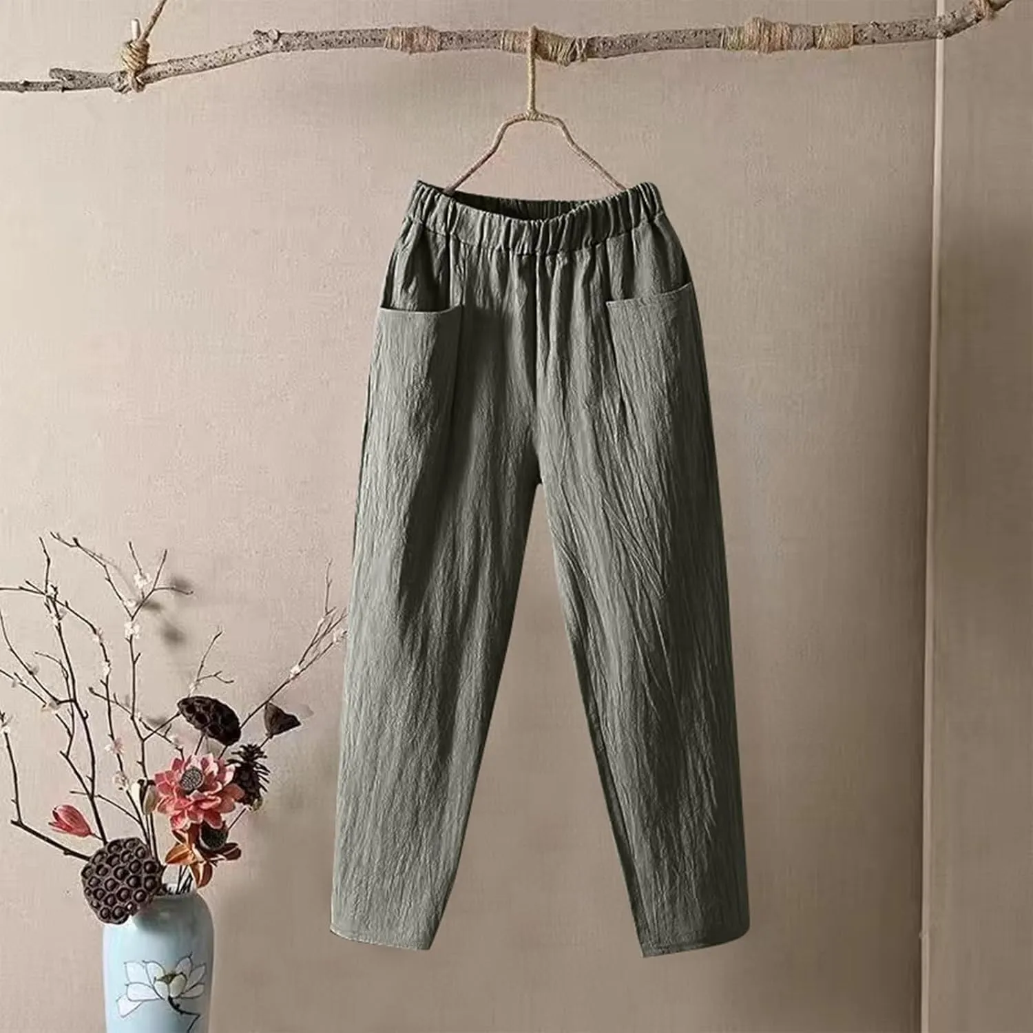 Women's Pants, Casual Pants Peasant Straight Leg Linen Trendy Women Causal Plaid