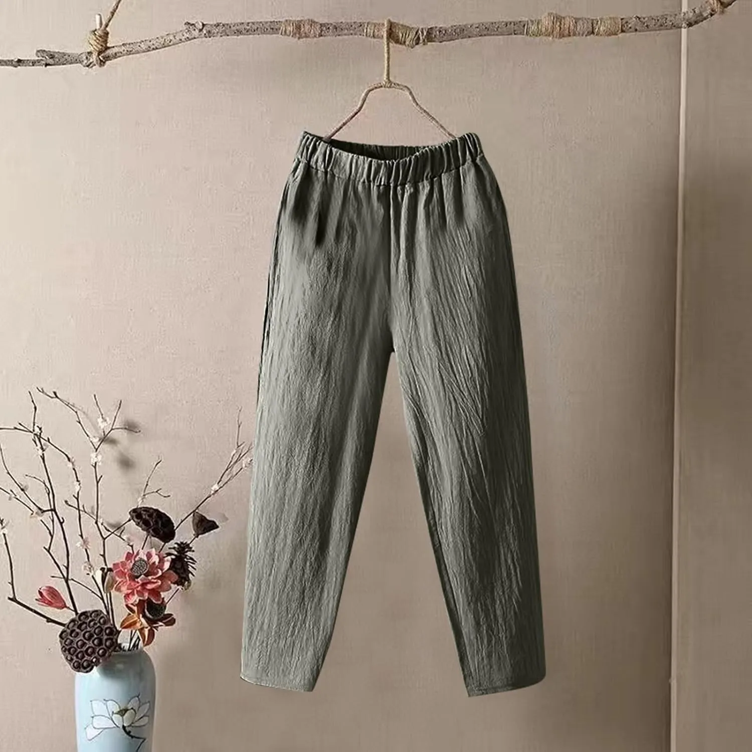 Women's Pants, Casual Pants Peasant Straight Leg Linen Trendy Women Causal Plaid