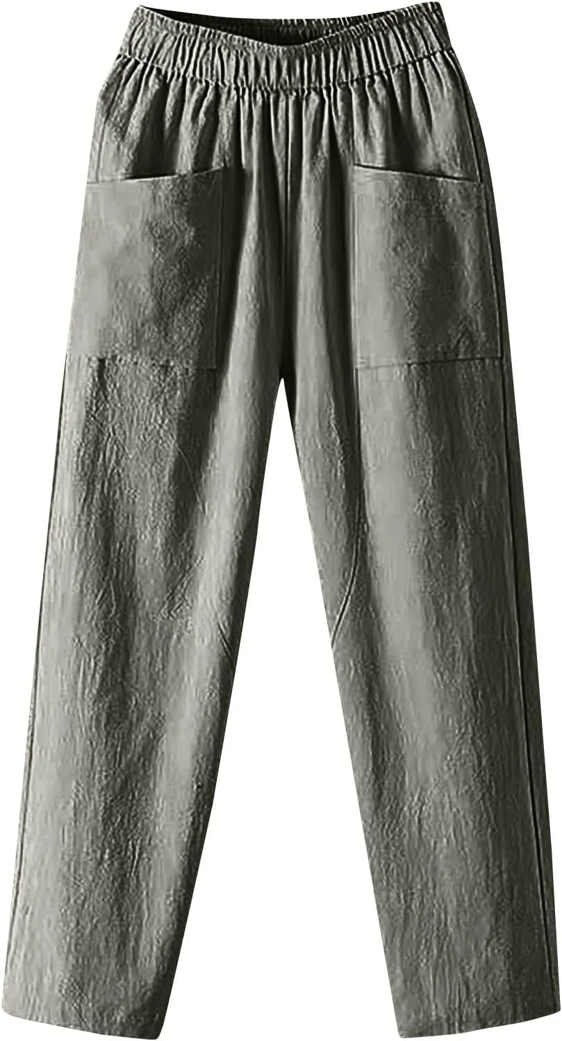 Women's Pants, Casual Pants Peasant Straight Leg Linen Trendy Women Causal Plaid
