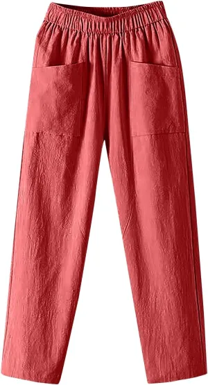Women's Pants, Casual Pants Peasant Straight Leg Linen Trendy Women Causal Plaid
