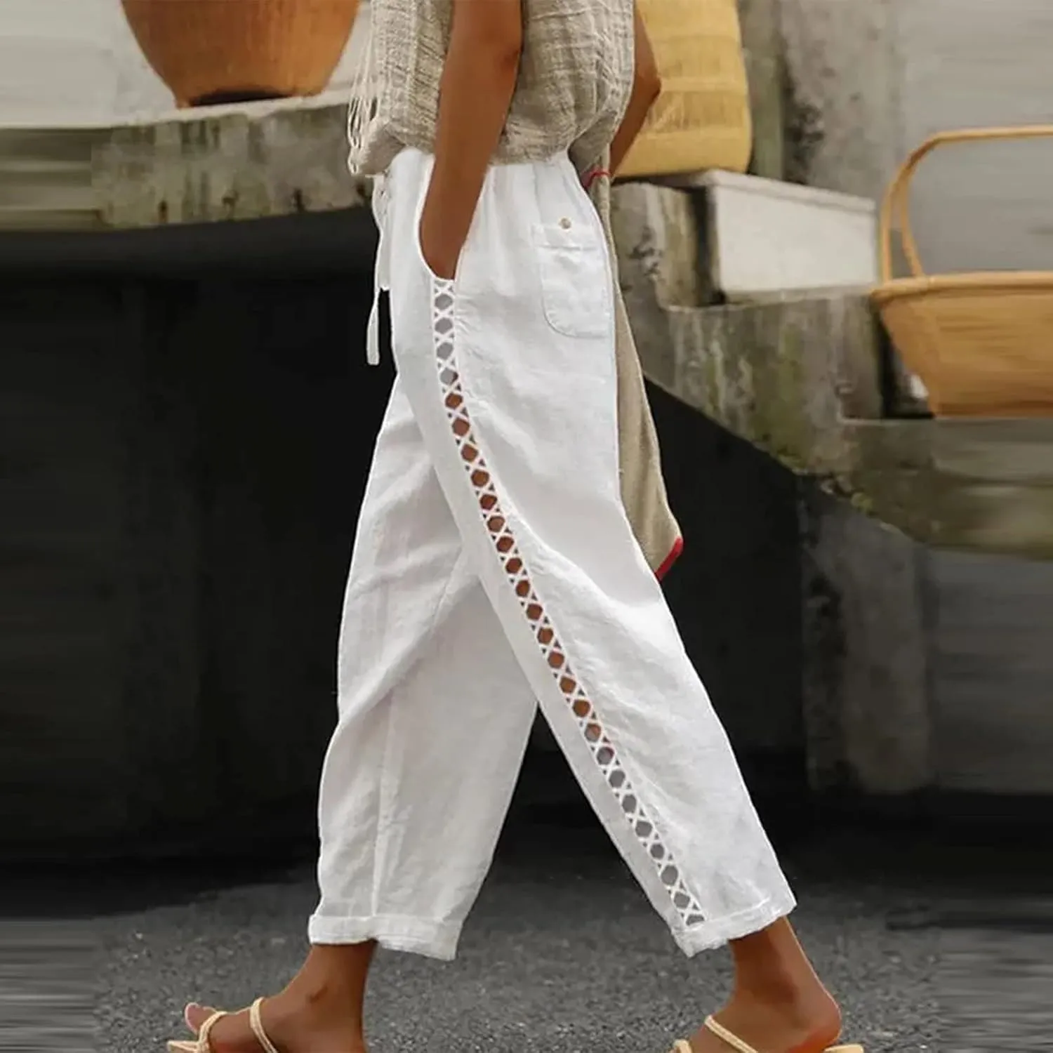 Women's Pants, Linen Peasant Pants Stretchy Straight Leg Casual Wide Slim Fit