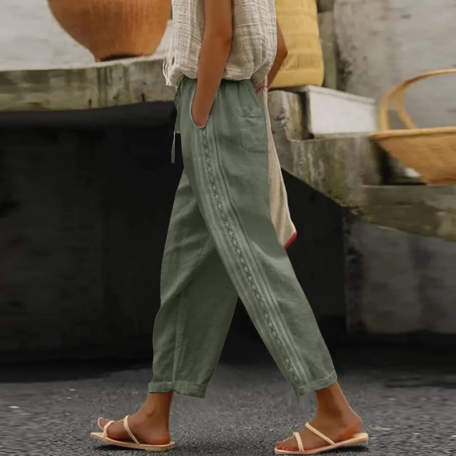 Women's Pants, Linen Peasant Pants Stretchy Straight Leg Casual Wide Slim Fit