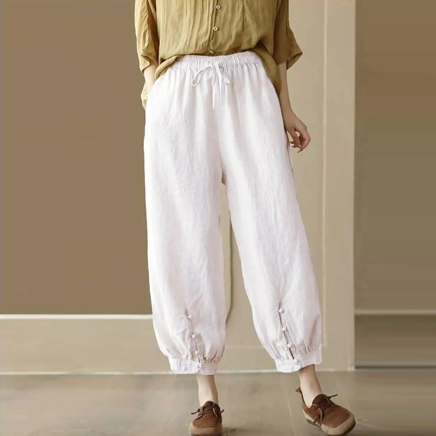 Womens Pants, Peasant Pants Straight Leg Casual Linen Trendy Loose Stretchy Plaid