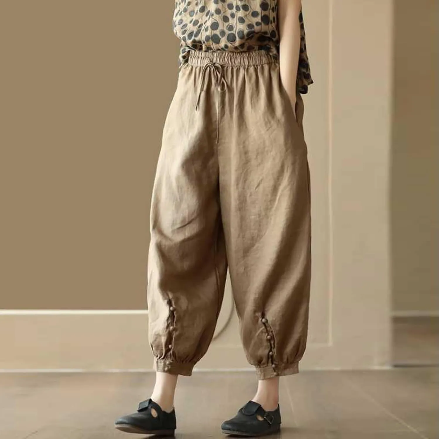 Womens Pants, Peasant Pants Straight Leg Casual Linen Trendy Loose Stretchy Plaid