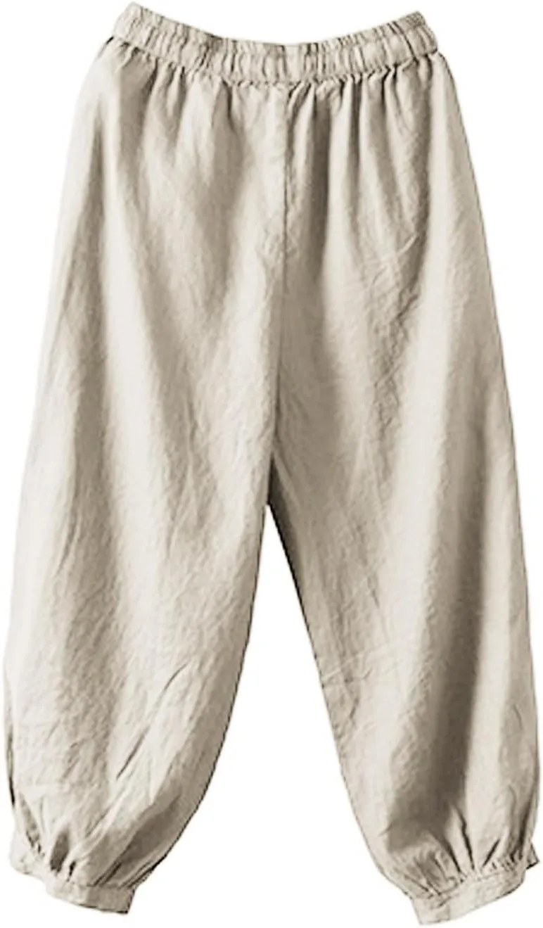 Womens Pants, Peasant Pants Straight Leg Casual Linen Trendy Loose Stretchy Plaid
