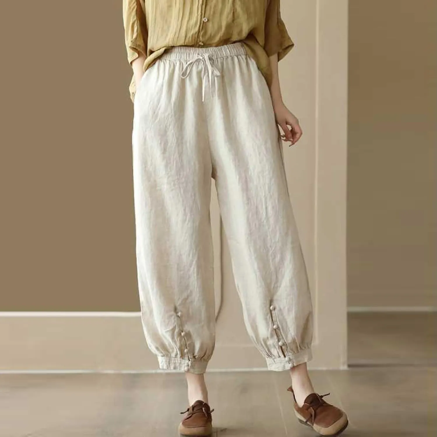 Womens Pants, Peasant Pants Straight Leg Casual Linen Trendy Loose Stretchy Plaid