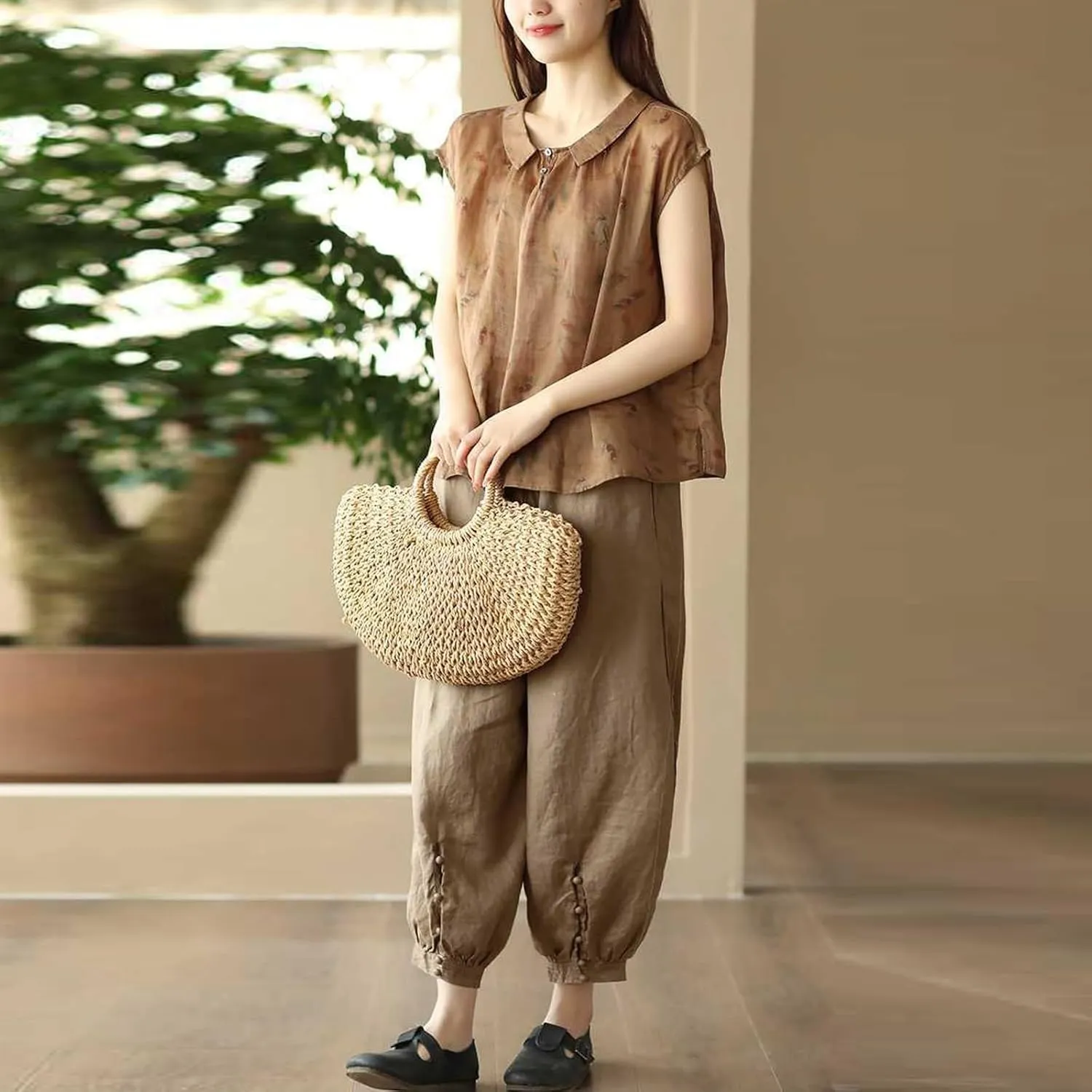 Womens Pants, Peasant Pants Straight Leg Casual Linen Trendy Loose Stretchy Plaid