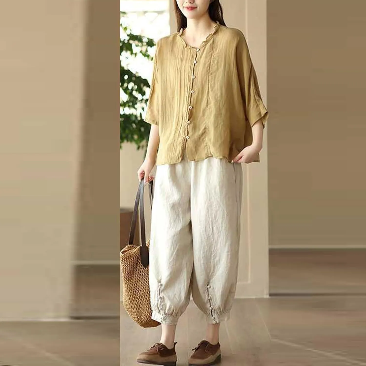 Womens Pants, Peasant Pants Straight Leg Casual Linen Trendy Loose Stretchy Plaid