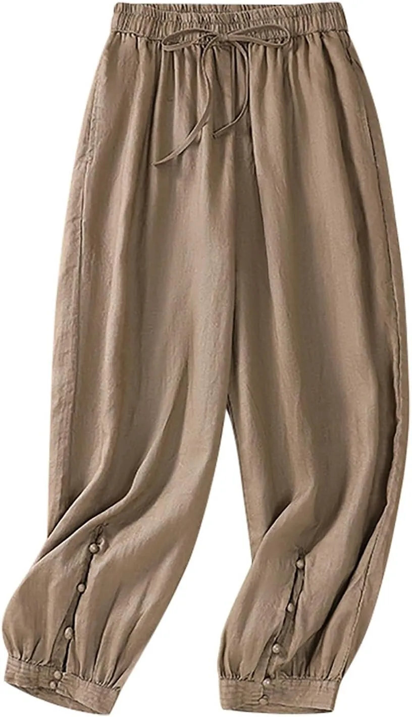 Womens Pants, Peasant Pants Straight Leg Casual Linen Trendy Loose Stretchy Plaid