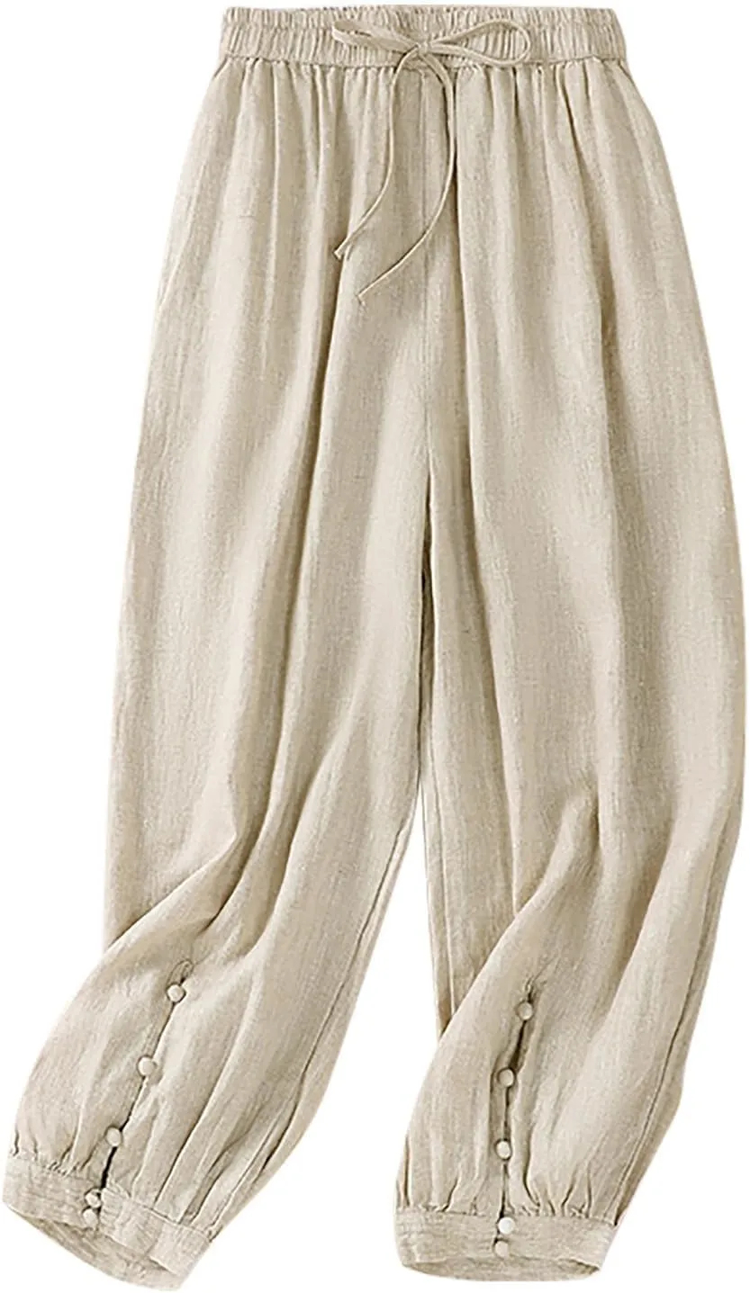 Womens Pants, Peasant Pants Straight Leg Casual Linen Trendy Loose Stretchy Plaid