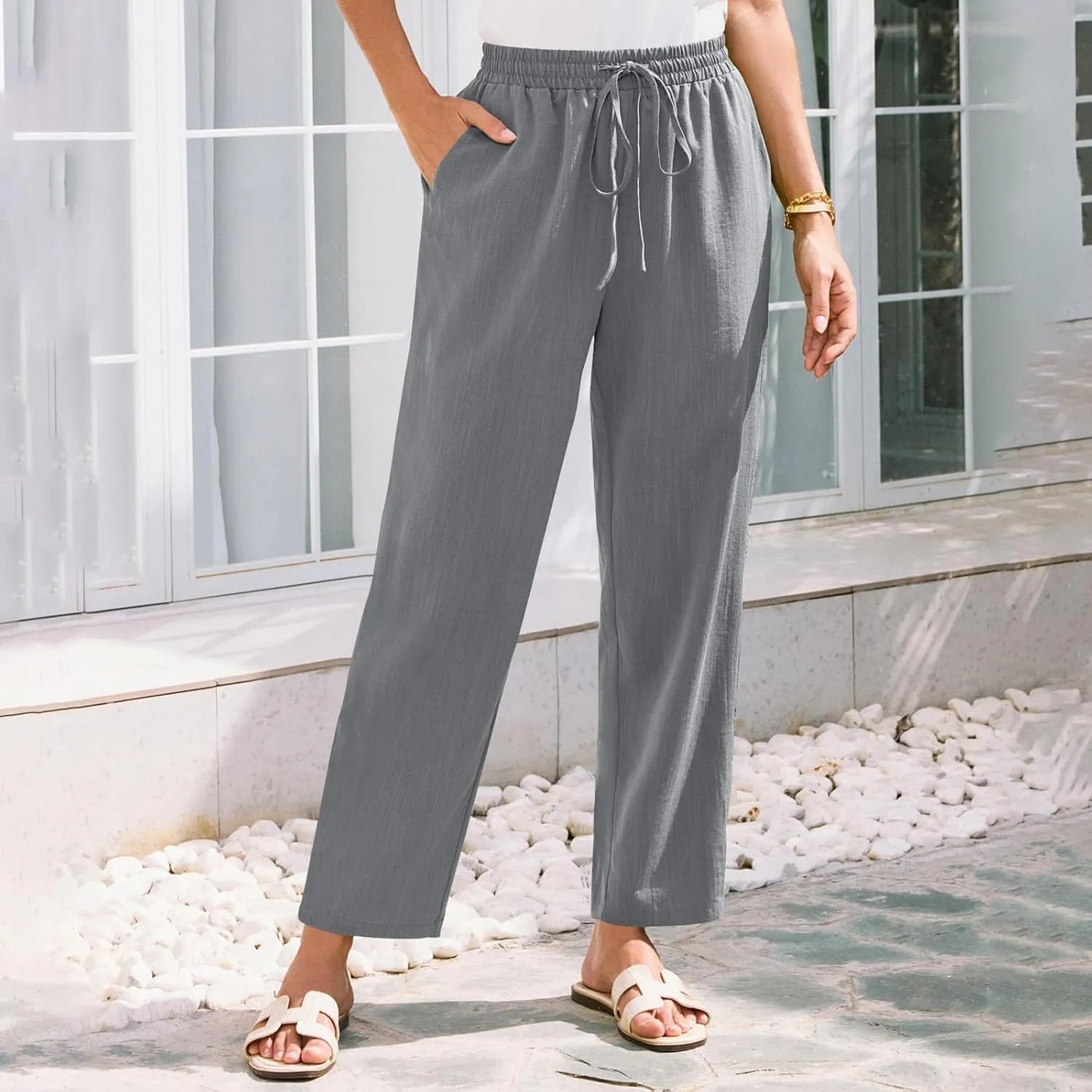 Womens Pants, Peasant Pants Straight Leg Linen Casual Loose 2025 Stretchy Elastic