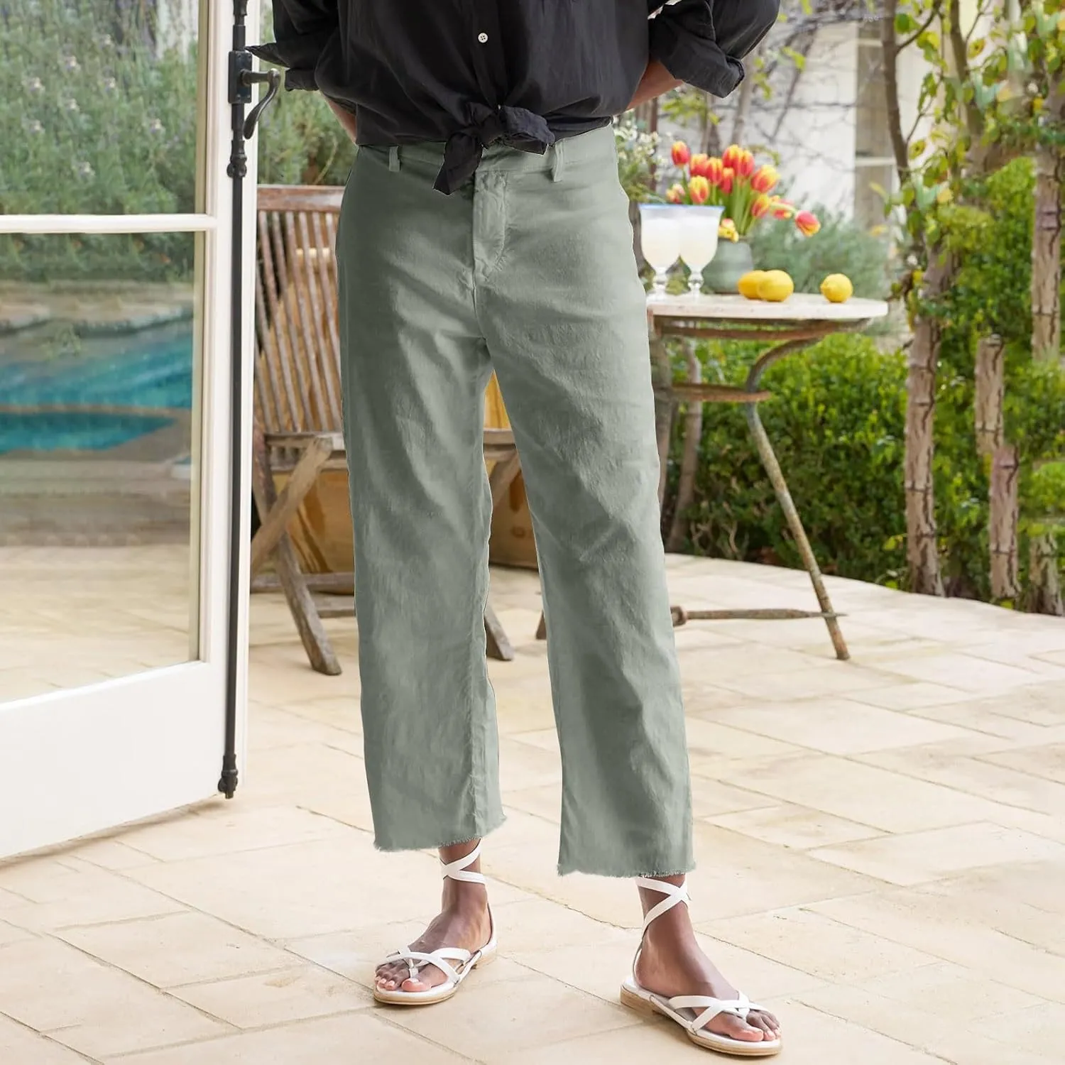 Women's Pants, Trendy Casual Linen Straight Leg Peasant Pants 2025 Flwoy Stretchy