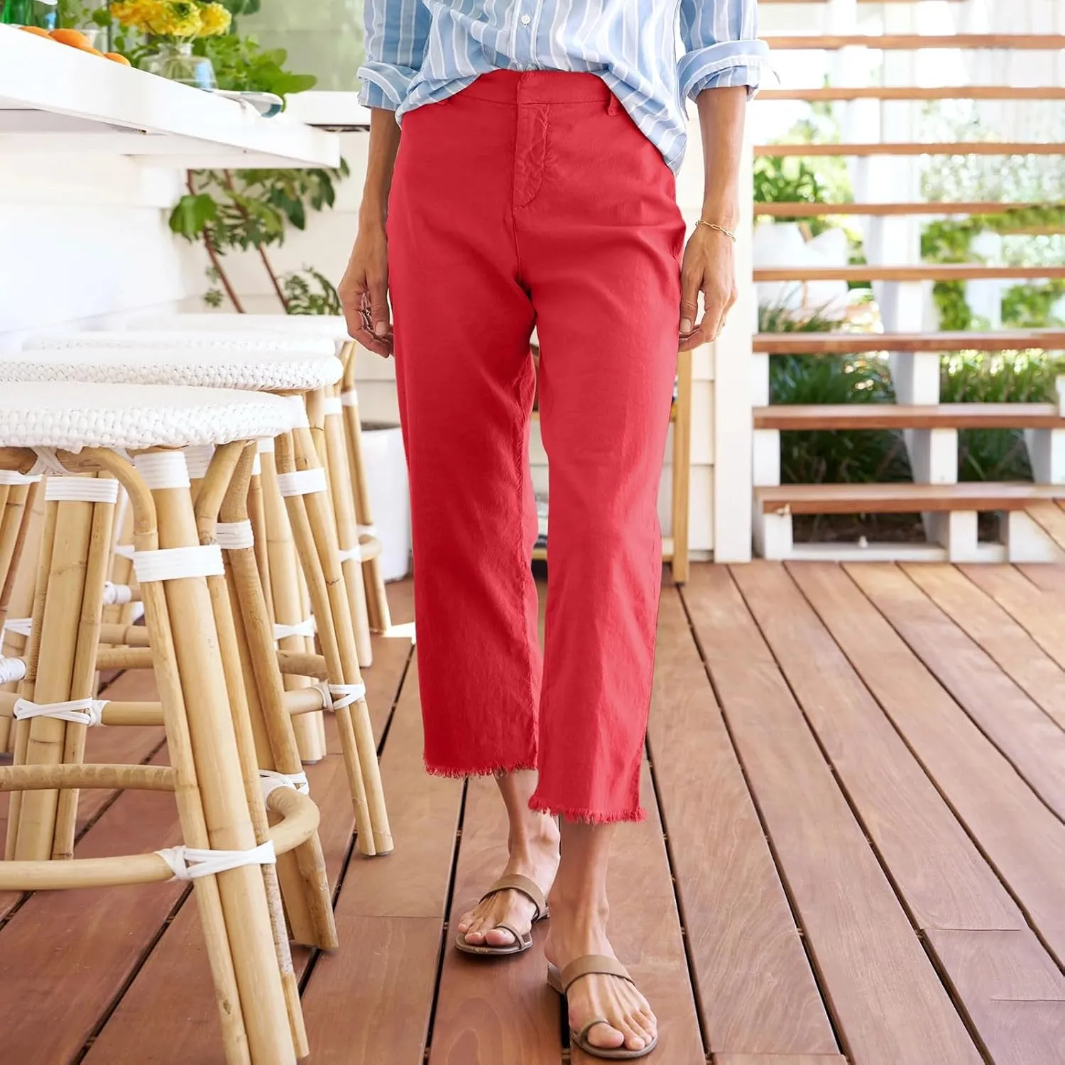 Women's Pants, Trendy Casual Linen Straight Leg Peasant Pants 2025 Flwoy Stretchy