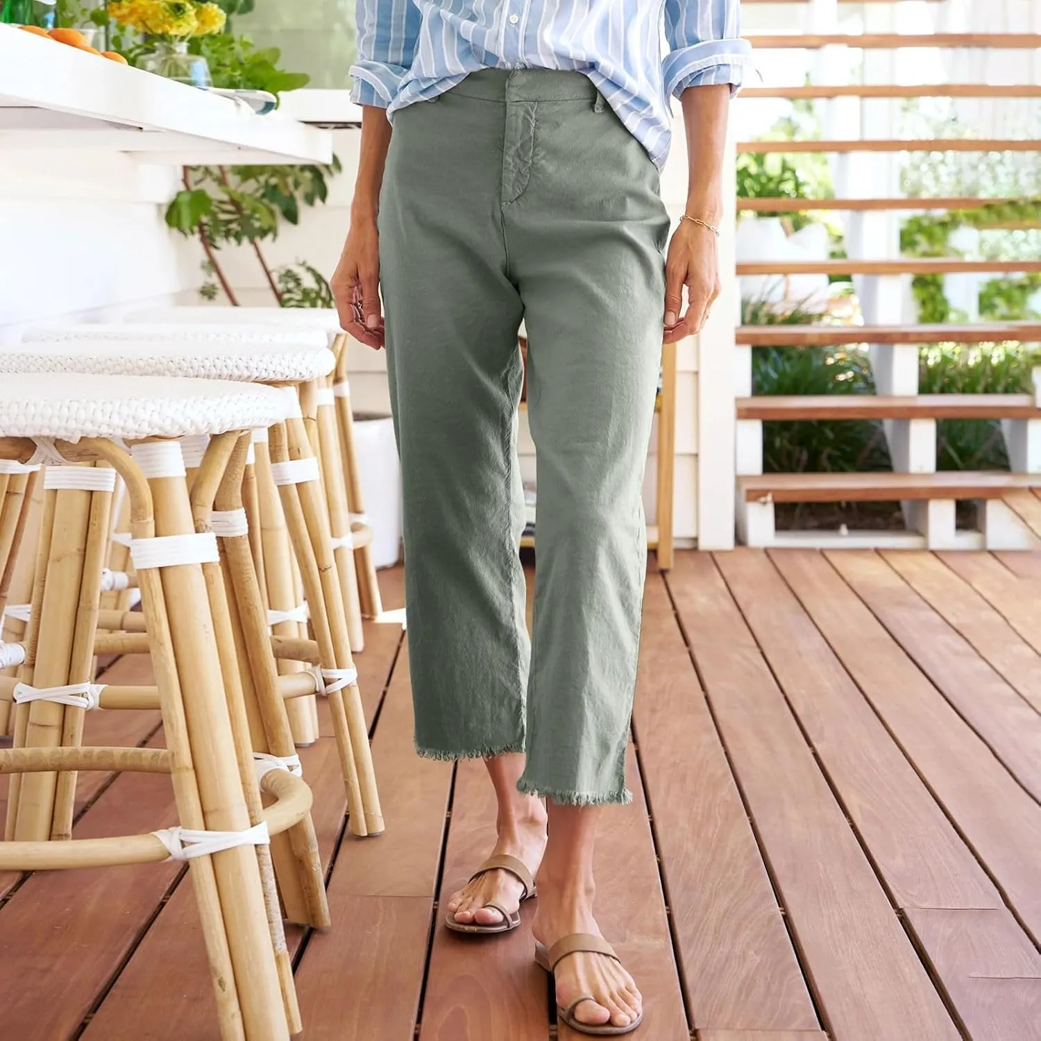 Women's Pants, Trendy Casual Linen Straight Leg Peasant Pants 2025 Flwoy Stretchy