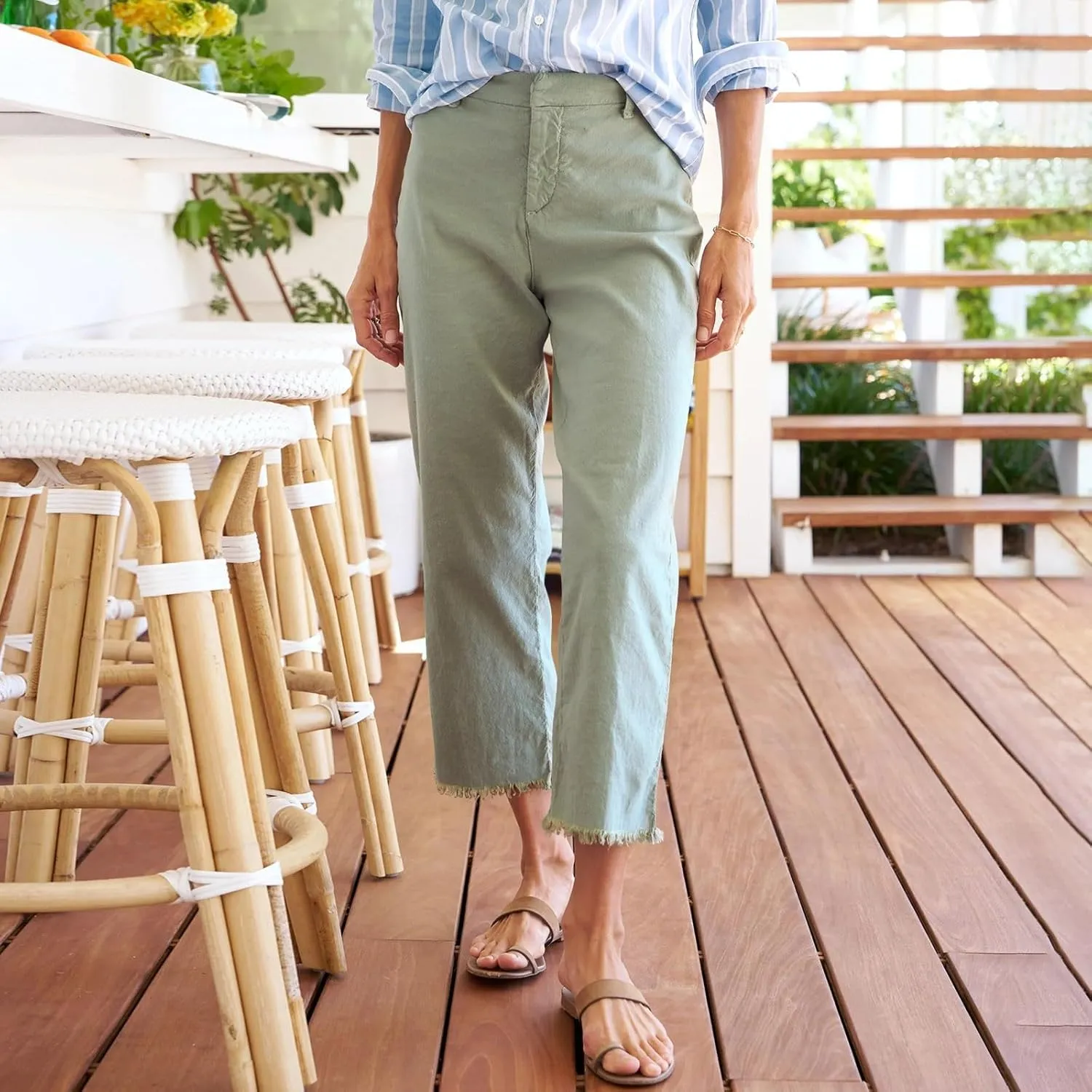 Women's Pants, Trendy Casual Linen Straight Leg Peasant Pants 2025 Flwoy Stretchy