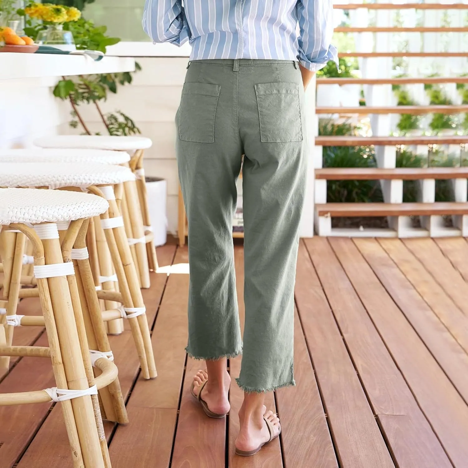 Women's Pants, Trendy Casual Linen Straight Leg Peasant Pants 2025 Flwoy Stretchy