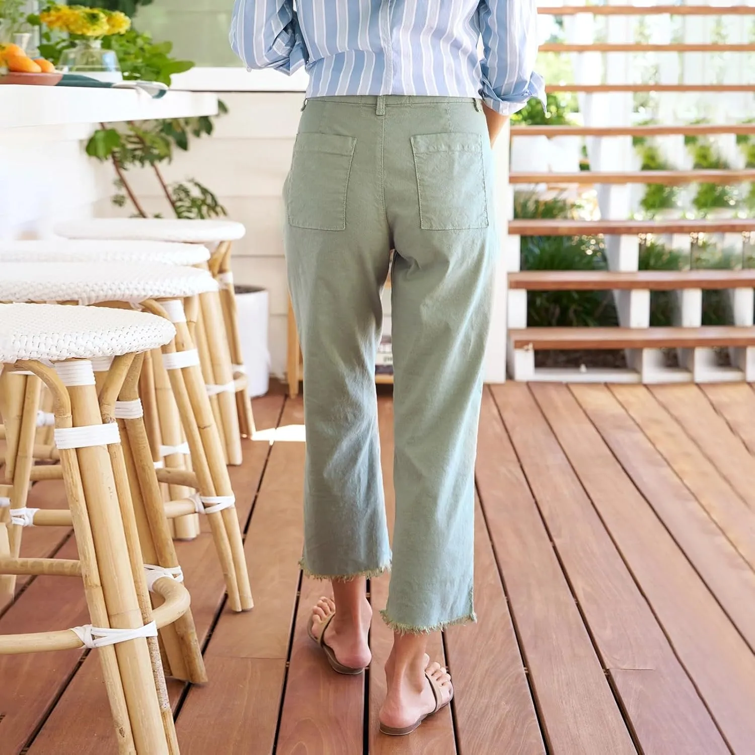 Women's Pants, Trendy Casual Linen Straight Leg Peasant Pants 2025 Flwoy Stretchy