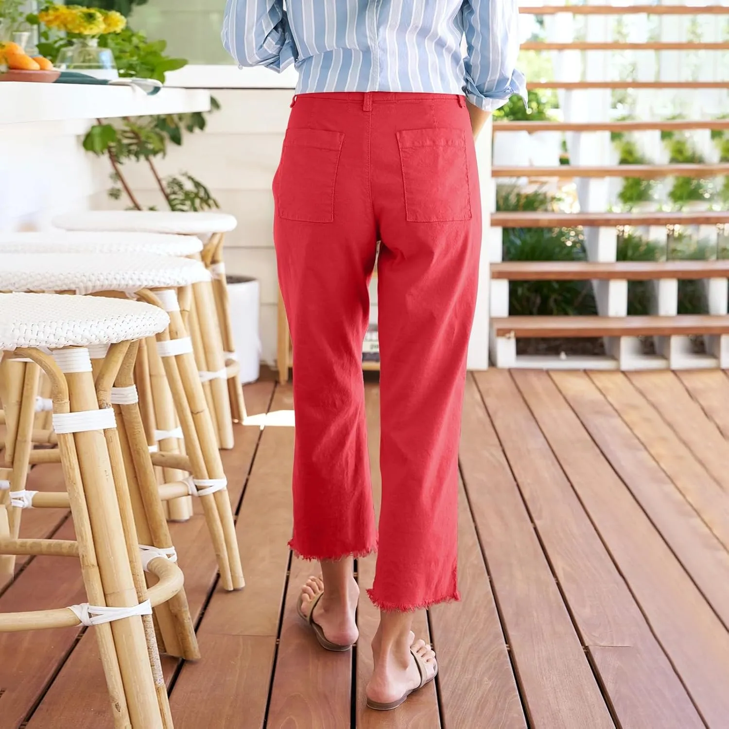 Women's Pants, Trendy Casual Linen Straight Leg Peasant Pants 2025 Flwoy Stretchy