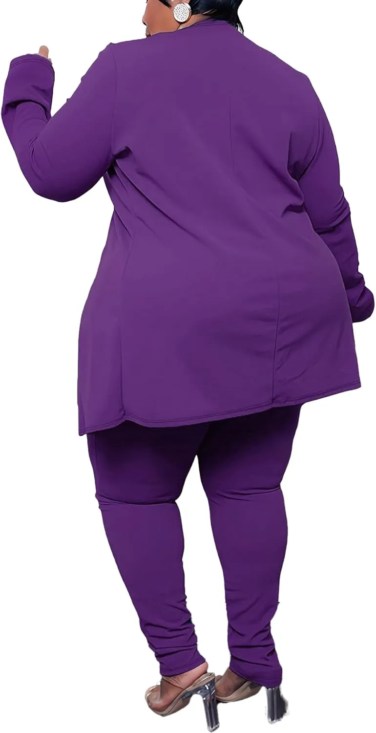 Women's Plus Size 2 Piece Outfits Open Front Blazer and High Waisted Long Pant Suit Set Business Loungewear