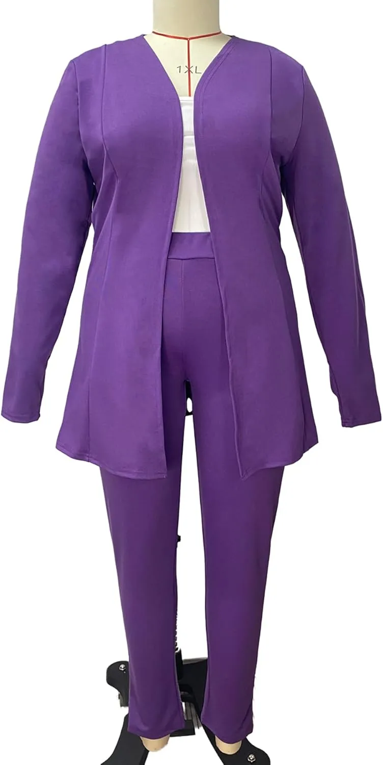 Women's Plus Size 2 Piece Outfits Open Front Blazer and High Waisted Long Pant Suit Set Business Loungewear
