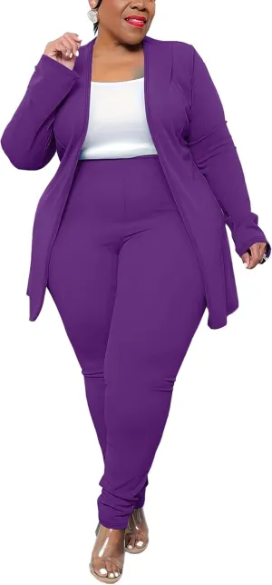 Women's Plus Size 2 Piece Outfits Open Front Blazer and High Waisted Long Pant Suit Set Business Loungewear