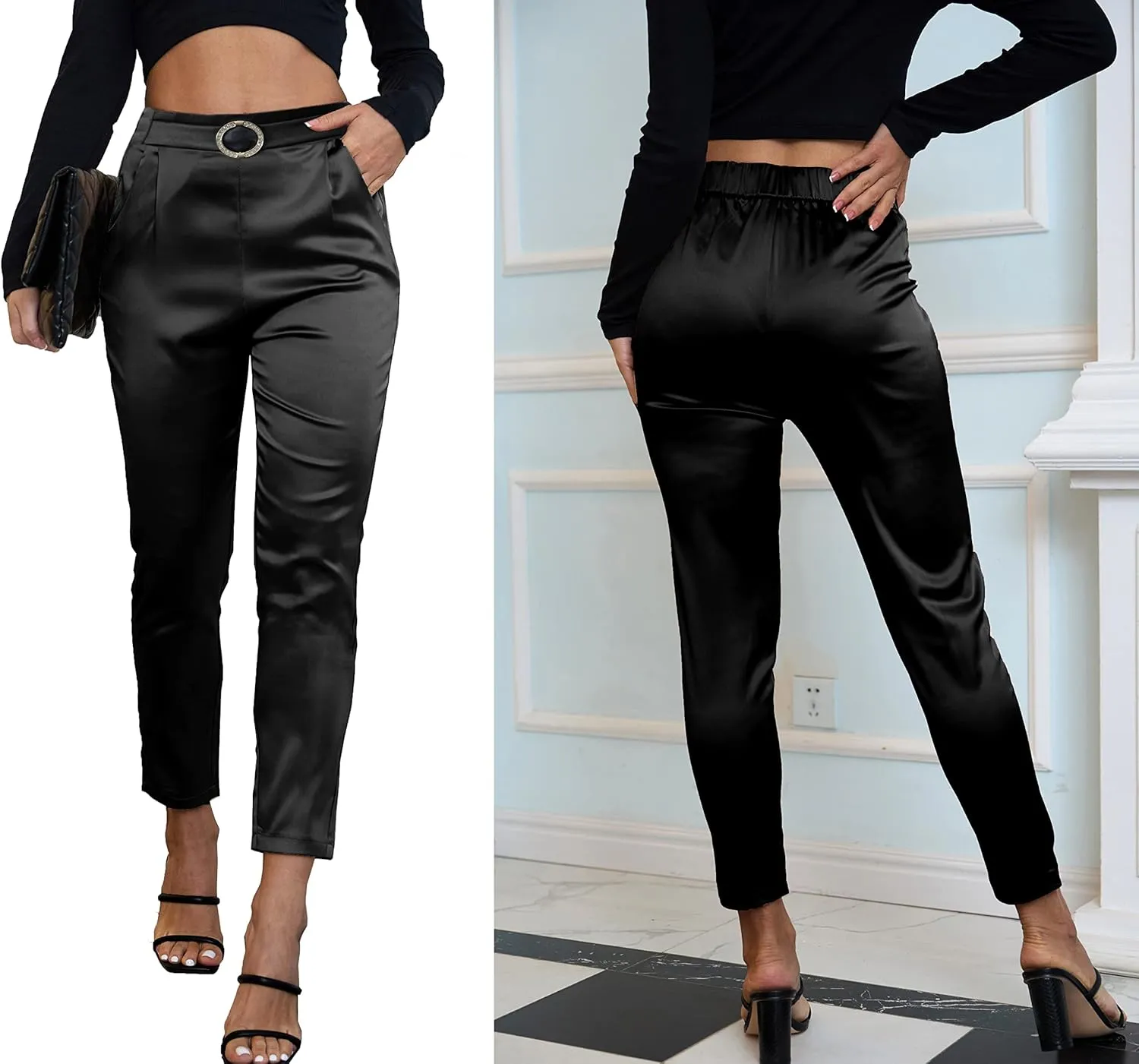 Women's Satin Pants Dress Casual Party Wedding Night Pull on High Waist Pants