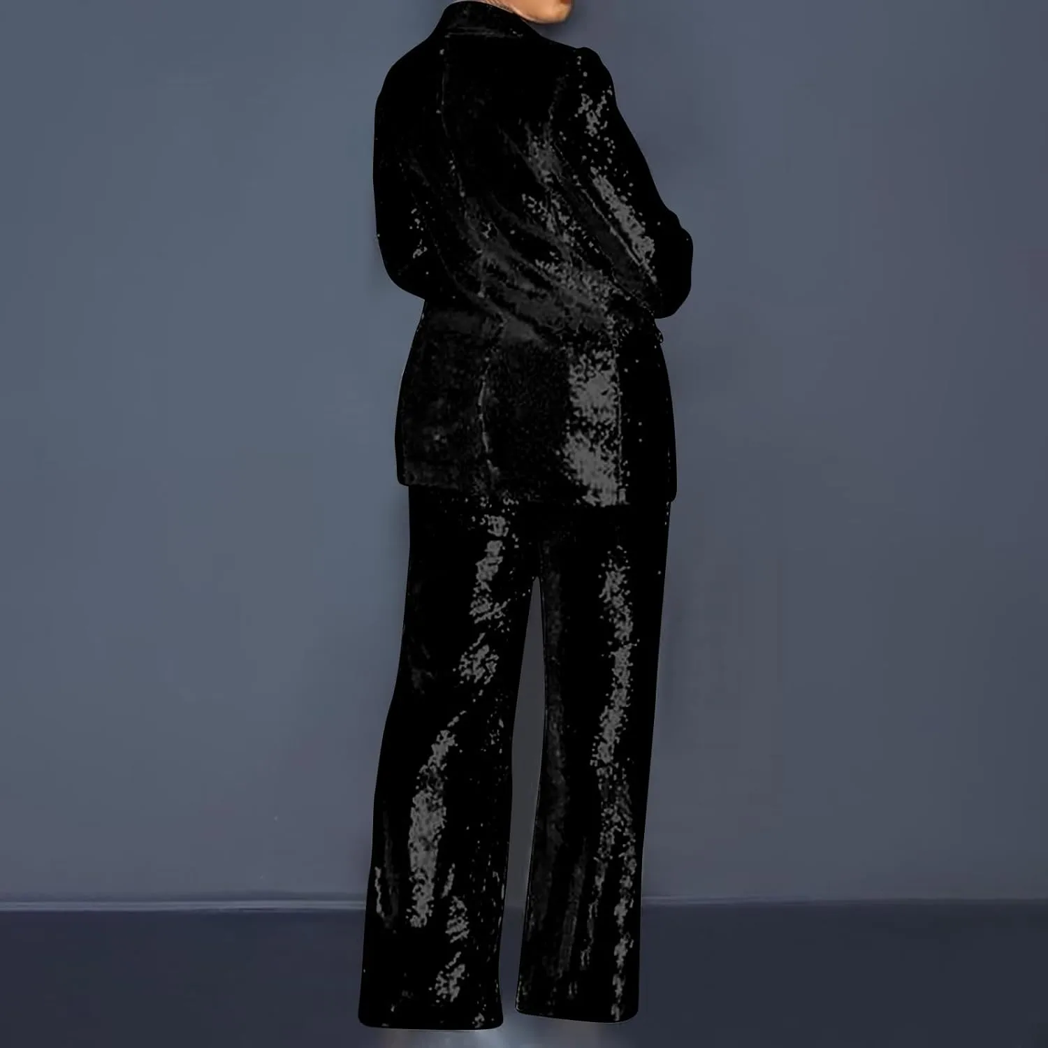 Womens Sequin Suit Blazer 2-Piece Set Sparkly Slim Fit Disco Party Outfit Formal Sequin Jacket High Waisted Pant Suit