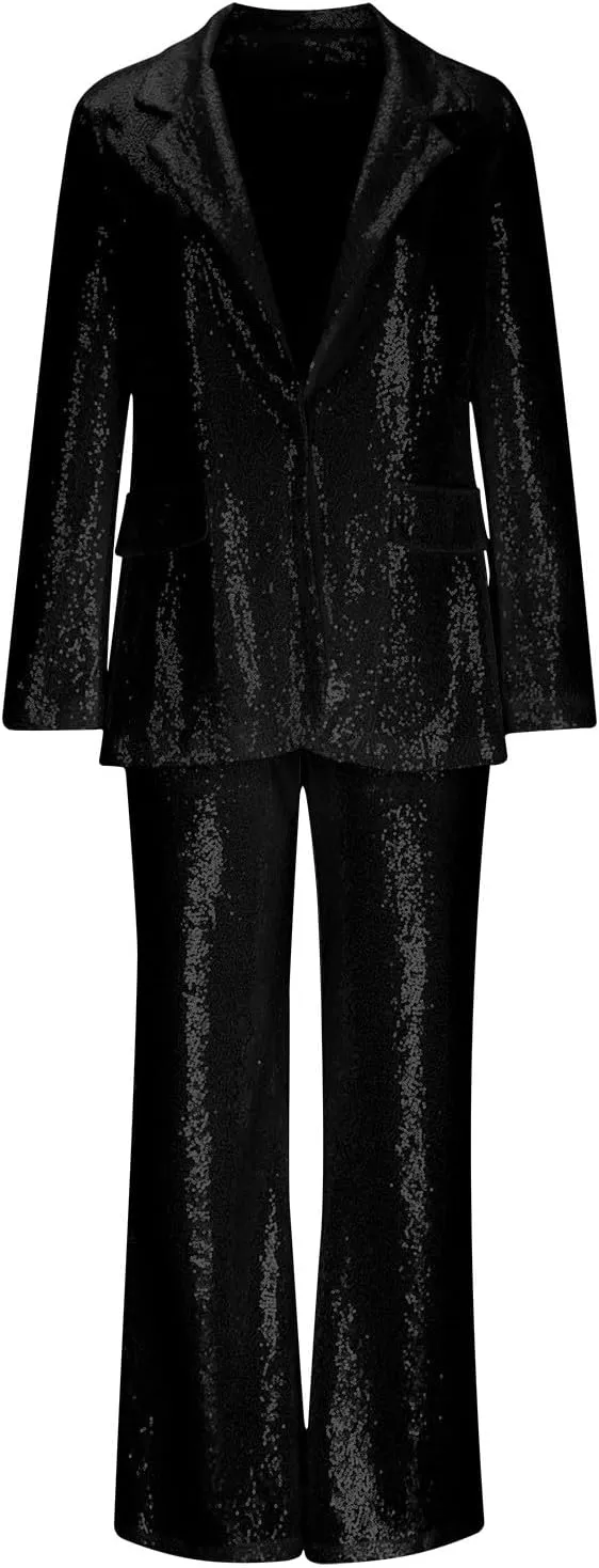 Womens Sequin Suit Blazer 2-Piece Set Sparkly Slim Fit Disco Party Outfit Formal Sequin Jacket High Waisted Pant Suit