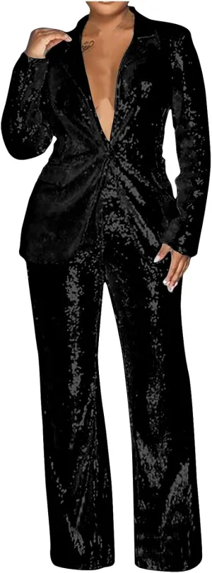 Womens Sequin Suit Blazer 2-Piece Set Sparkly Slim Fit Disco Party Outfit Formal Sequin Jacket High Waisted Pant Suit