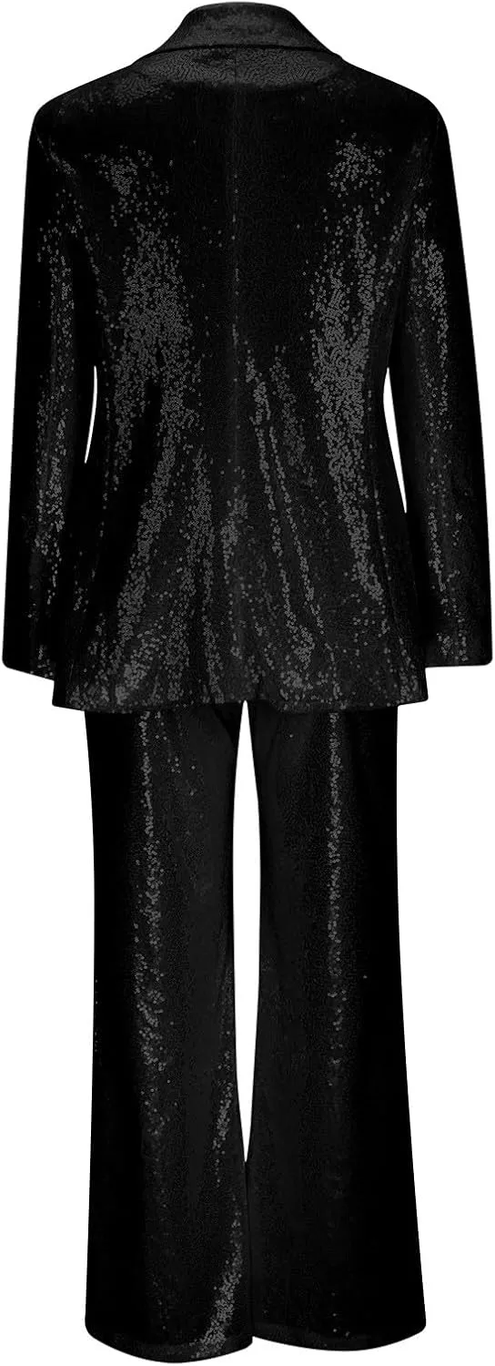 Womens Sequin Suit Blazer 2-Piece Set Sparkly Slim Fit Disco Party Outfit Formal Sequin Jacket High Waisted Pant Suit