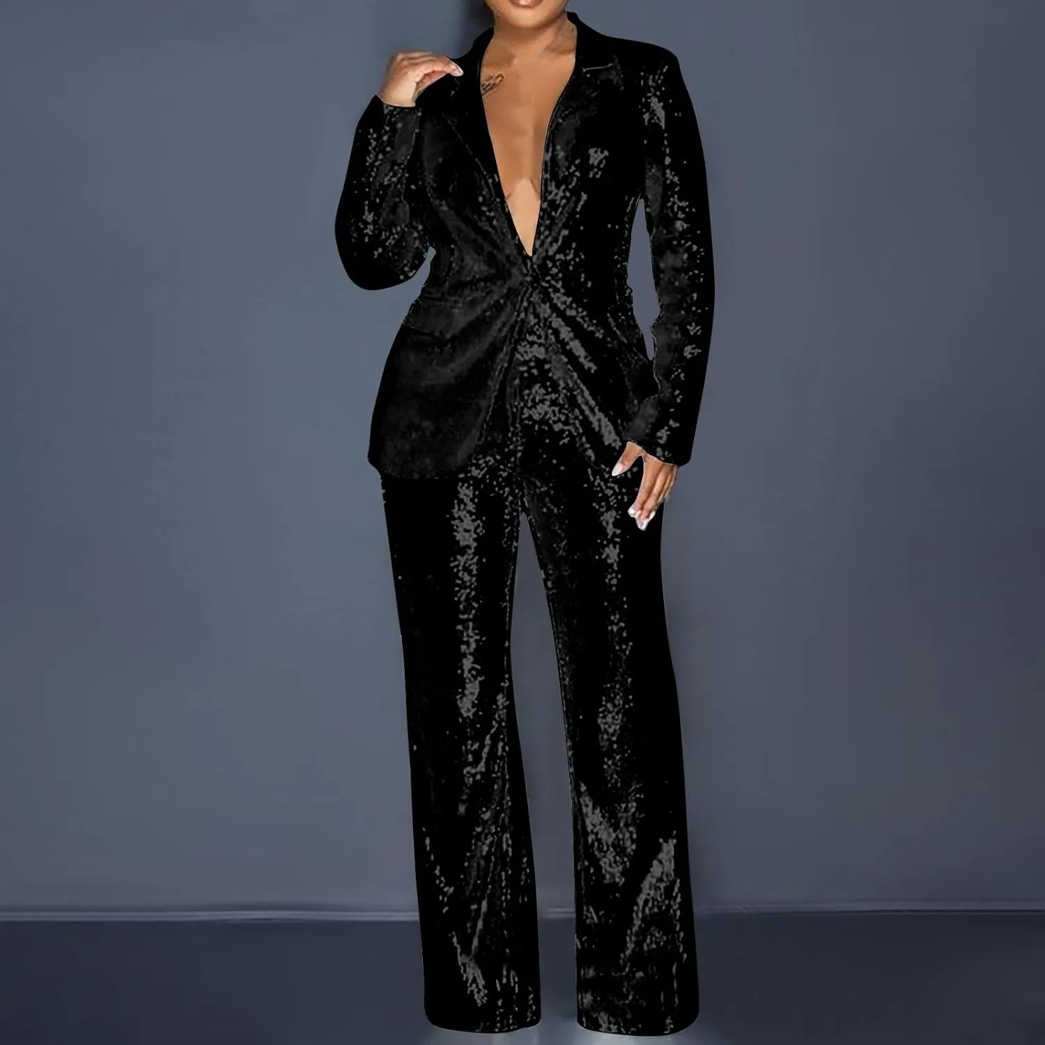 Womens Sequin Suit Blazer 2-Piece Set Sparkly Slim Fit Disco Party Outfit Formal Sequin Jacket High Waisted Pant Suit