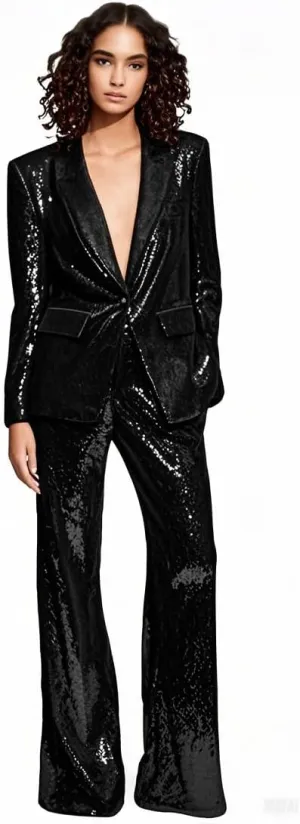 Women's Sequined Fashion Suit Set One Button 2 Piece Wedding Tuxedos Blazer Pants Prom Party Outfit