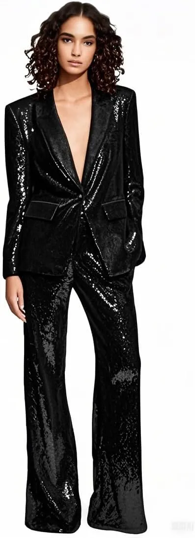 Women's Sequined Fashion Suit Set One Button 2 Piece Wedding Tuxedos Blazer Pants Prom Party Outfit