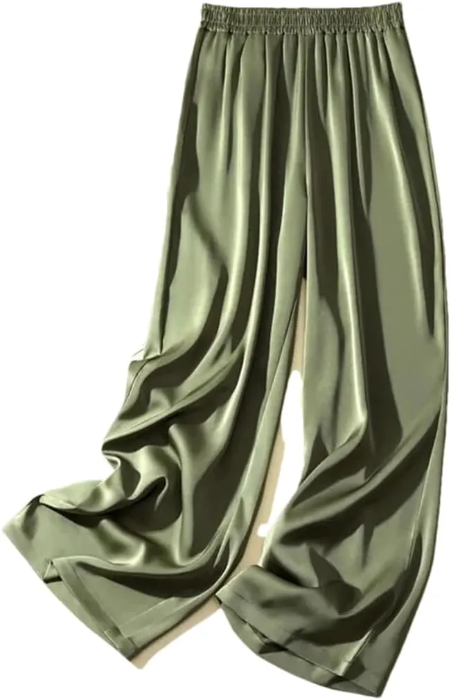 Women's Silky Wide Leg Pants High Waist Straight Casual Solid Satin Dance Trouser