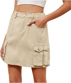 Womens Skirt with Utility Multi Pockets High Waist Cargo Pants Solid Color Knee-Length Denim Shorts Outdoor