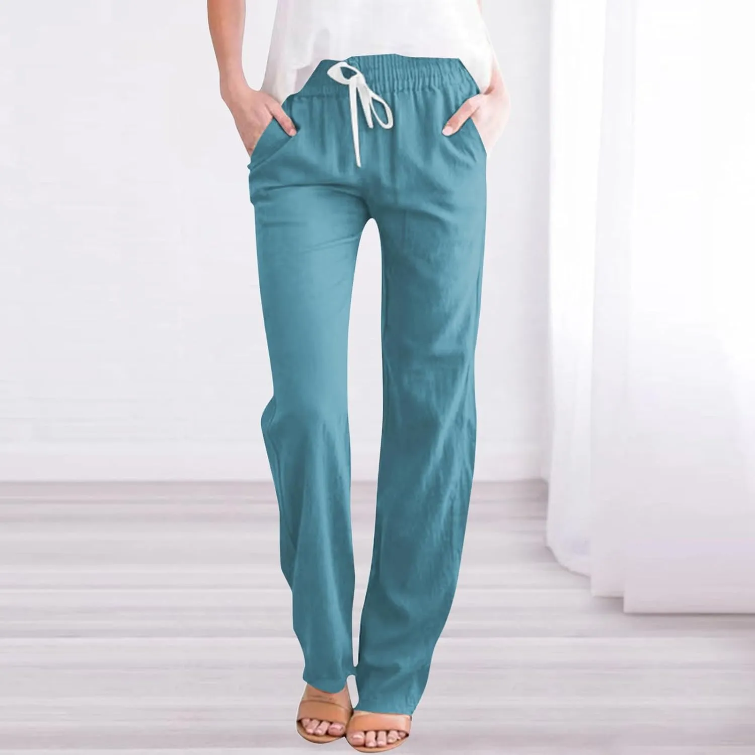 Women's Stretchy Wide Leg Palazzo Winter Flowy Yoga Slacks with Pockets Flare Leggings High Waisted