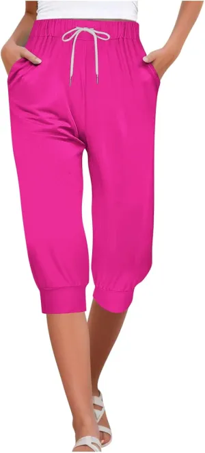 Women's Sweatpants Capris Elastic Drawstring Waist Cropped Jogger Pants Summer Solid Running Lounge Capri with Pocket