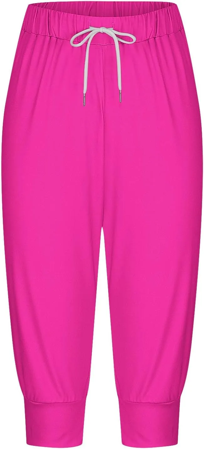 Women's Sweatpants Capris Elastic Drawstring Waist Cropped Jogger Pants Summer Solid Running Lounge Capri with Pocket