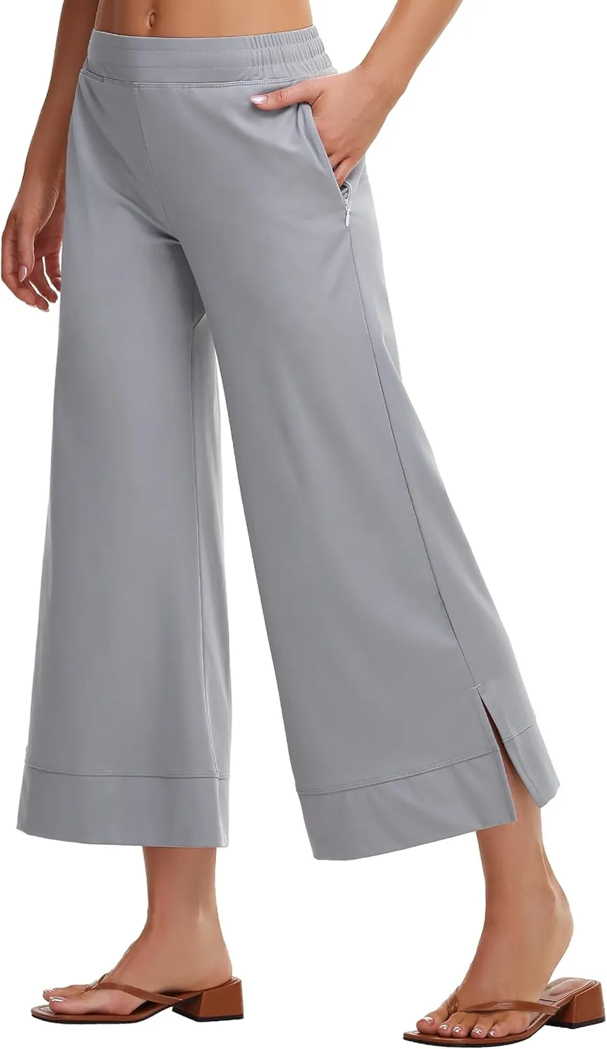 Womens Wide Leg Cropped Pants with Zipper Pockets Yoga Casual Travel Work Lightweight Quick Dry Pants