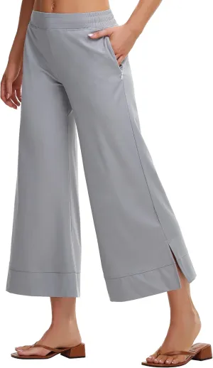 Womens Wide Leg Cropped Pants with Zipper Pockets Yoga Casual Travel Work Lightweight Quick Dry Pants