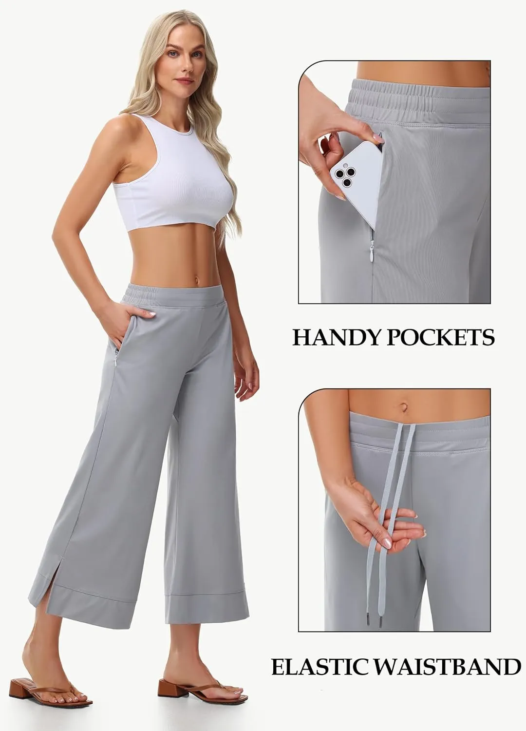 Womens Wide Leg Cropped Pants with Zipper Pockets Yoga Casual Travel Work Lightweight Quick Dry Pants